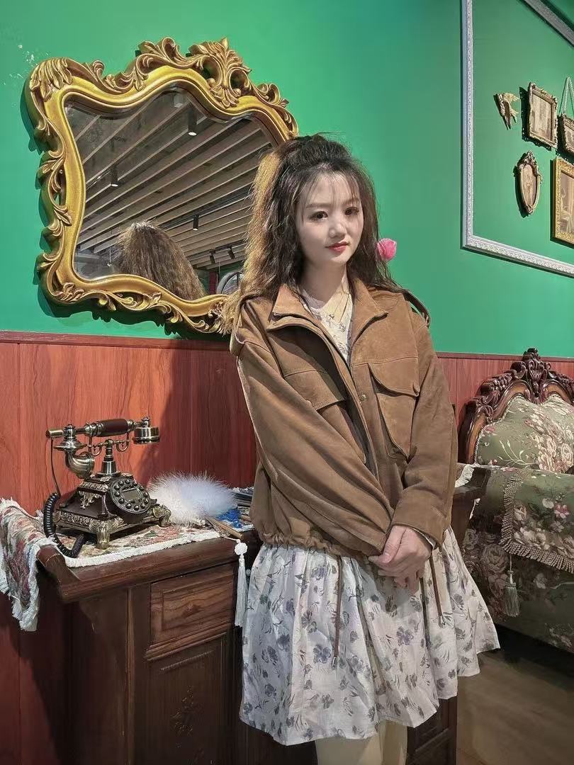 复古女短款拼接立领秋季短外套咖色时尚上衣宽松卡其