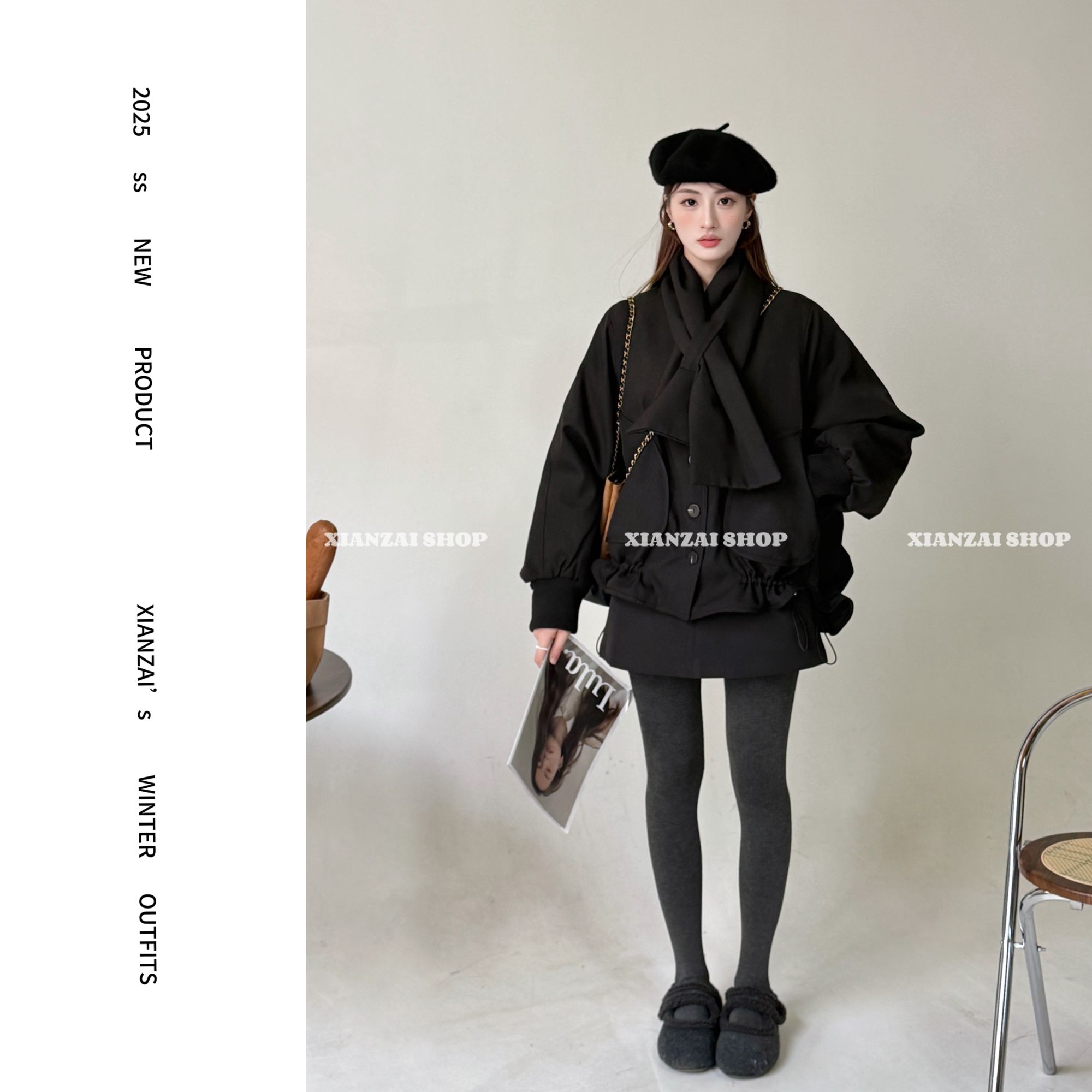 XIANZAI【欧洲假日】冬季新款围巾款宽松V领羽绒服外套短裙三件套装