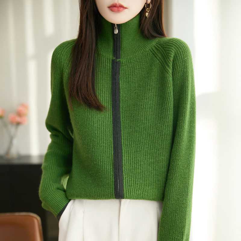 时尚品牌女装百搭高领拼色宽松毛针织衫显瘦撞色毛衣厚款拉链上衣