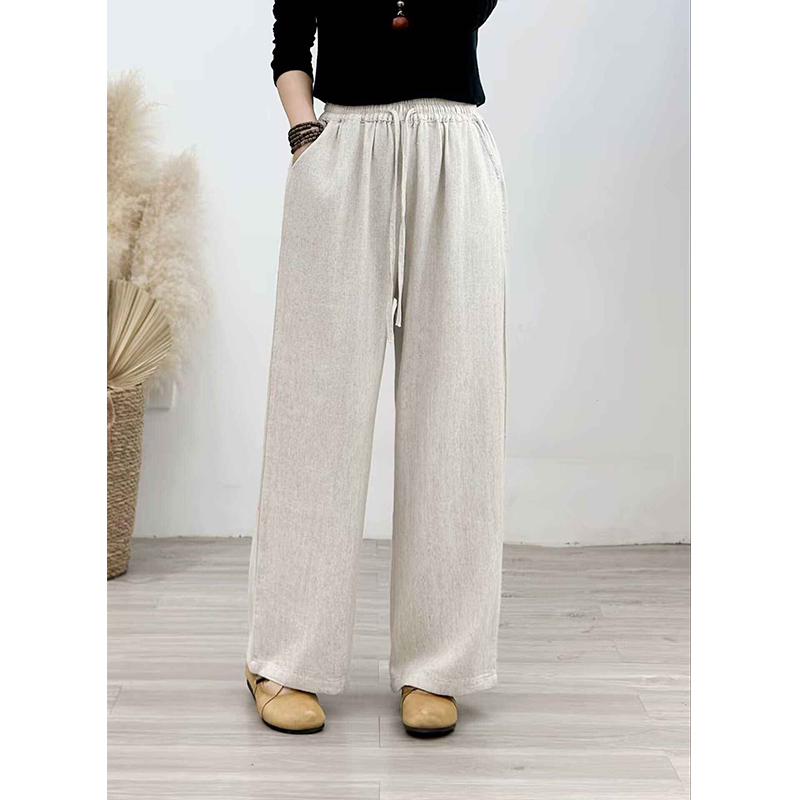 复古色织麻料内里包边松紧腰系带休闲裤女文艺大码显瘦直筒裤