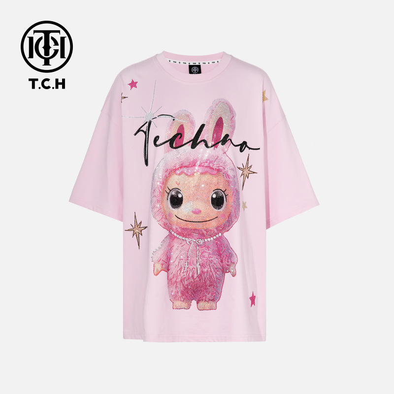 TCH轻奢卡通烫钻街头潮酷宽松圆领短袖T恤T75C10E9047私服tch