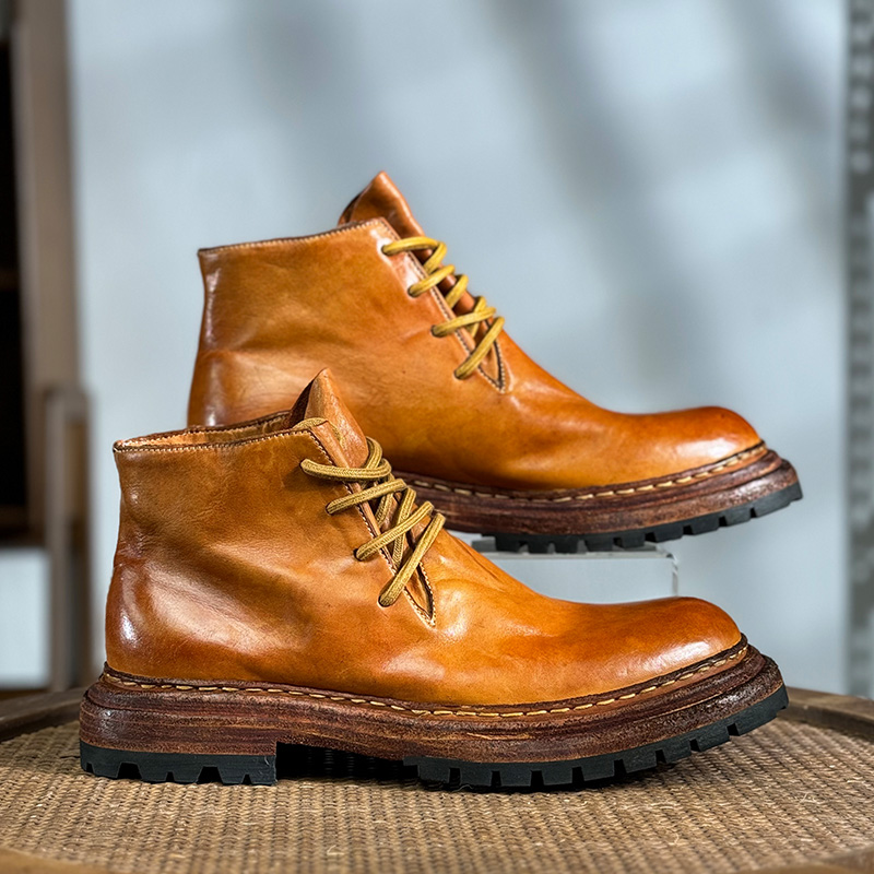手工复古水洗马皮沙漠靴男士休闲中高帮大黄户外登山靴圆头固特异