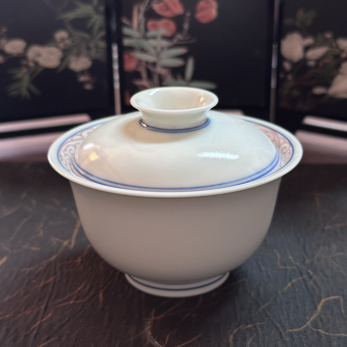 【雨溪山房】枢府釉釉里红相心如意盖碗120cc