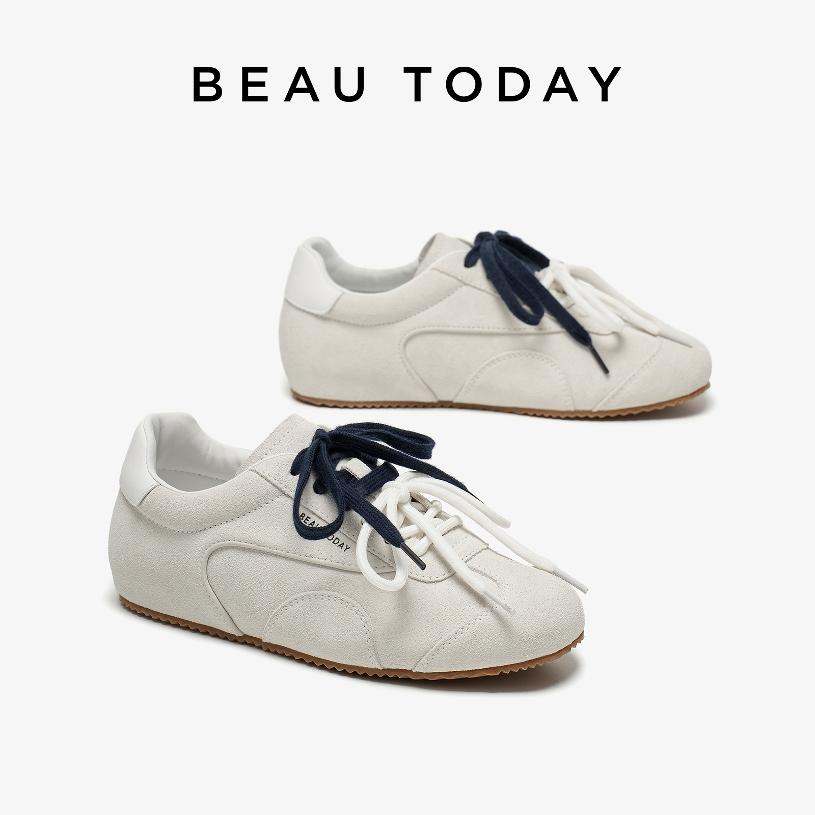 BeauToday乖巧圆头双色鞋带俏皮德训鞋女2025新款内增高阿甘鞋