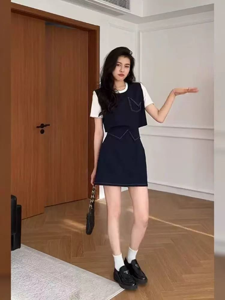 小众设计感气质时髦假两件上衣短裙女装2025夏季新款韩风chic套装