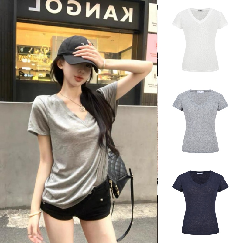 【现货专属】62983夏日呼吸感 V领微透正肩短袖T恤慵懒风上衣