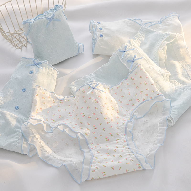 A类婴儿棉内裤少女中腰清新蓝系甜美抗菌内裆透气包臀学生三角裤