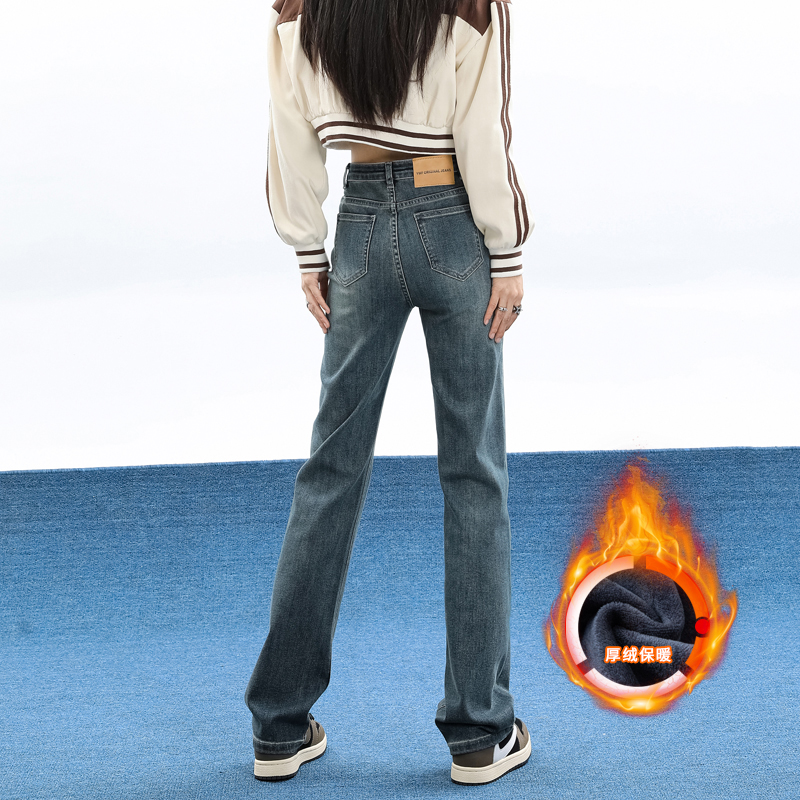 窄版直筒牛仔裤女秋冬加绒加厚设计感高腰弹力显瘦质感休闲裤子潮