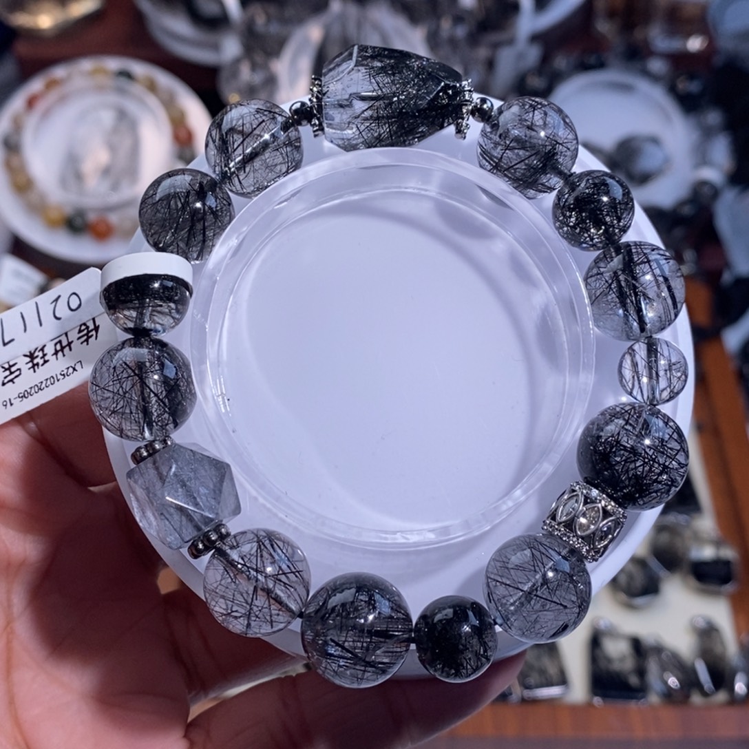 手链未镶嵌水晶黑发晶设计款12mm蓝兔毛随型