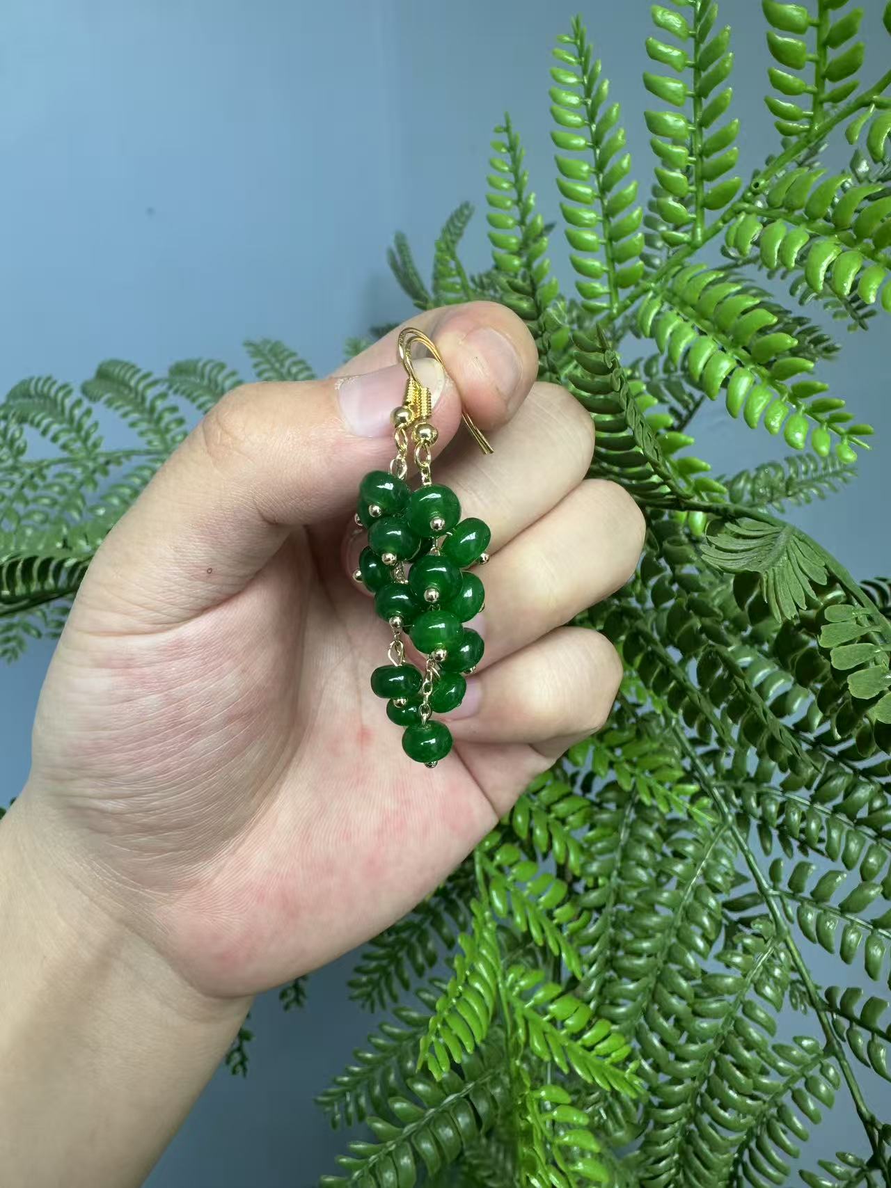 翡翠辣绿14k算盘葡萄耳钩