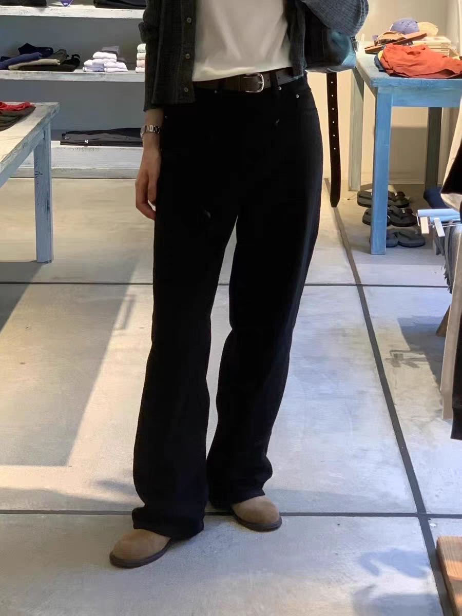 Ounce黑白两色拉毛直筒微弹高腰牛仔裤L25101780