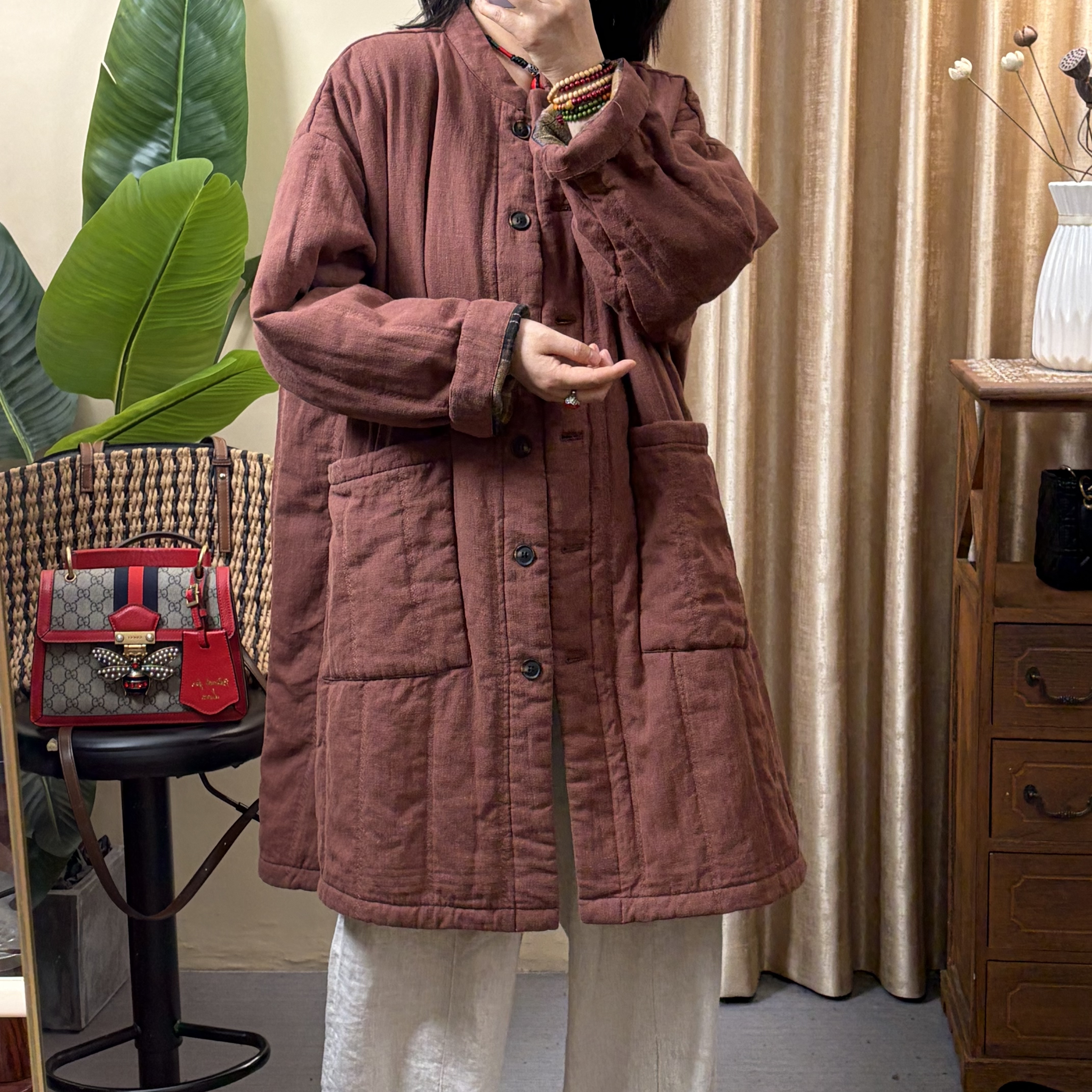 芳姐 冬季新款宽松时尚百搭砂洗亚麻中长款棉服外套