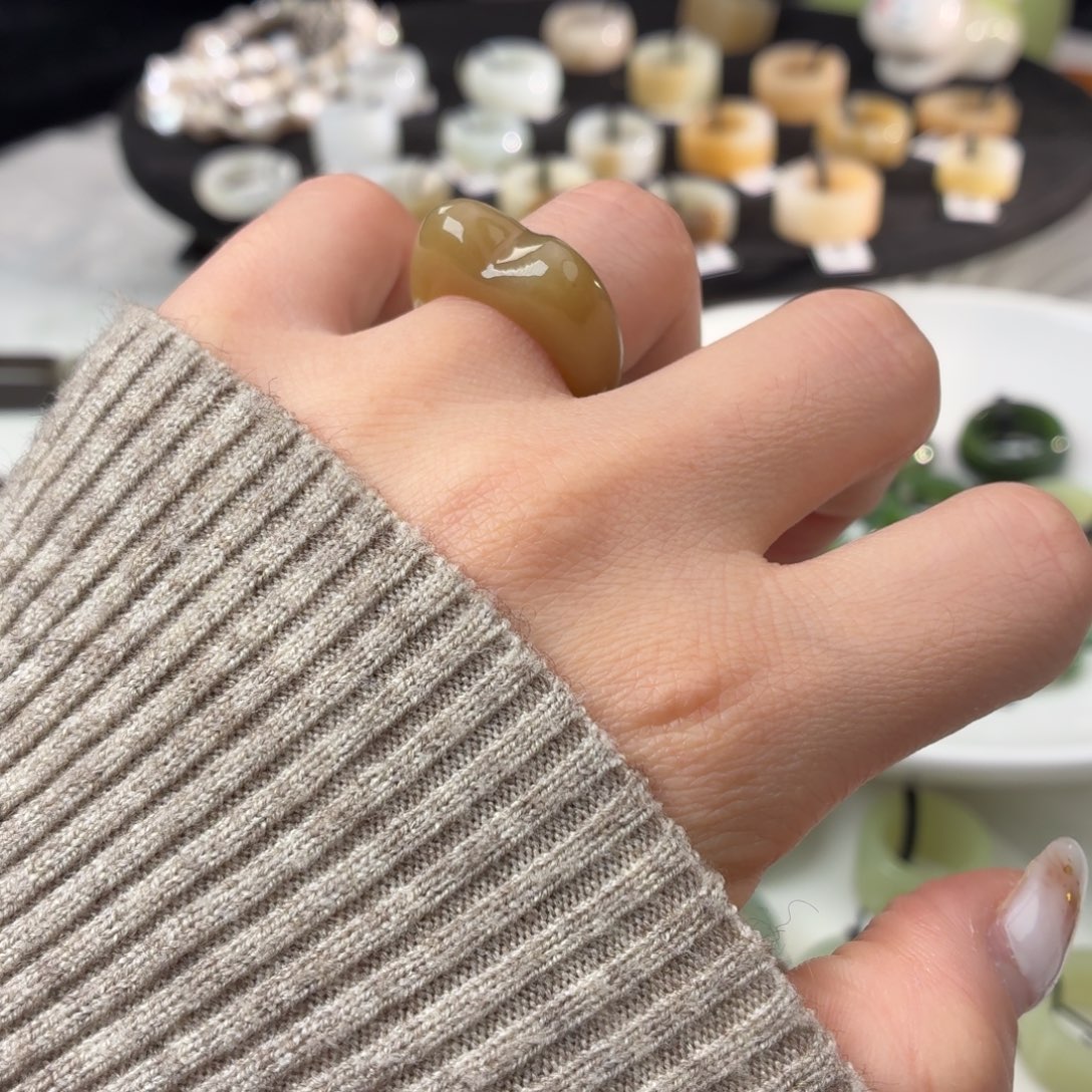 和田玉（糖玉）未镶嵌戒指S87糖猫耳16.6