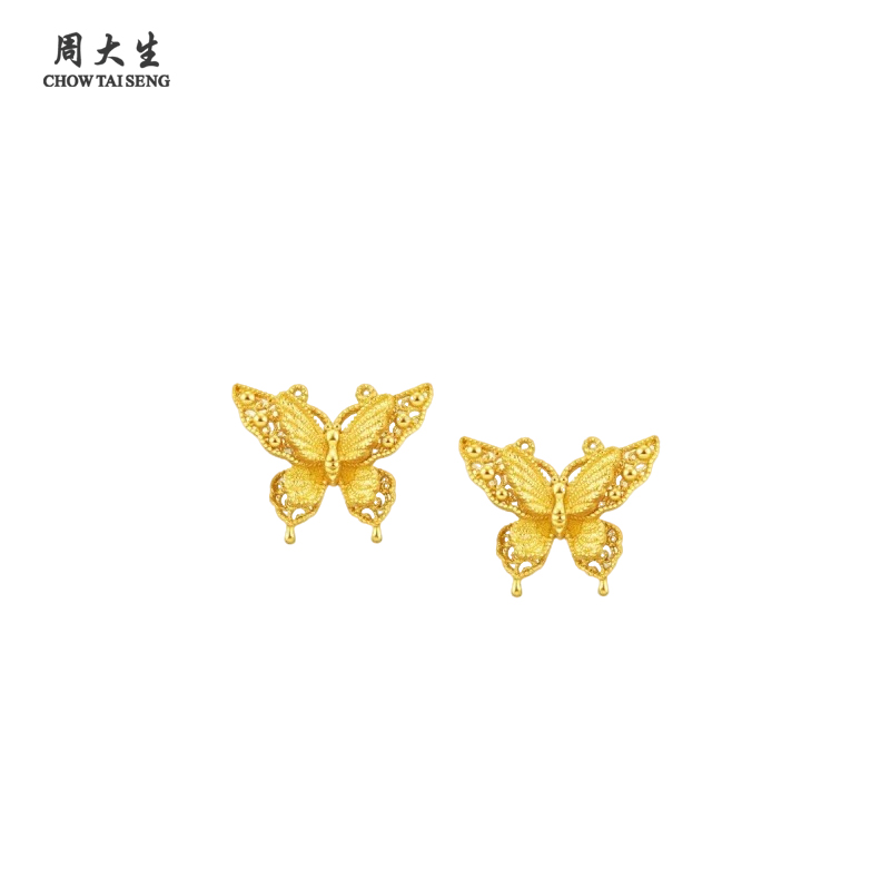 周大生古法金丝羽蝶蝴蝶足金999耳饰黄金蝴蝶耳钉女按克新款礼物