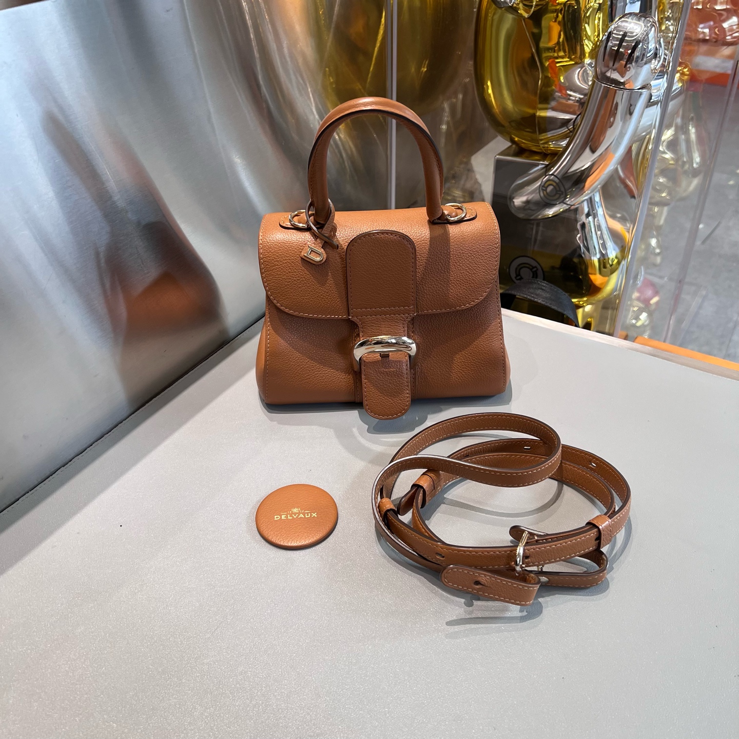 99新 Delvaux/德尔沃 Brilliant mini手提包 焦糖色配金扣单肩包