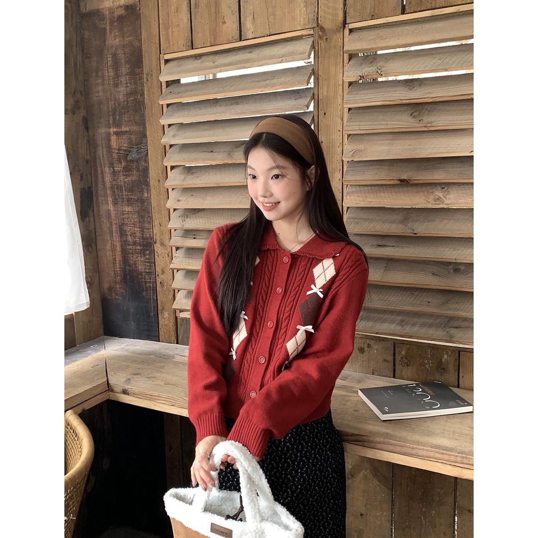 【dd】复古菱格撞色娃娃领立体蝴蝶结针织毛衣