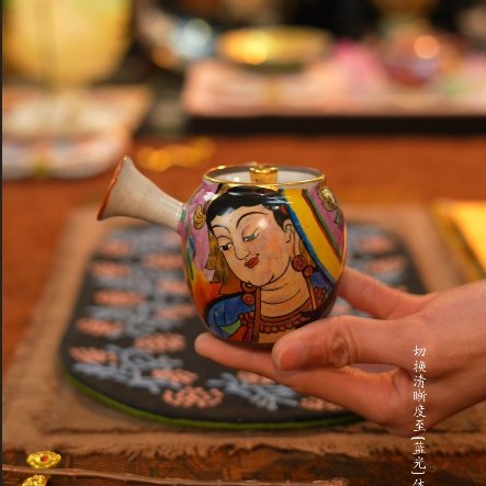 禾泥全手工小侧把泡茶壶手绘敦煌佛像志野茶壶侘寂复古单壶礼盒装