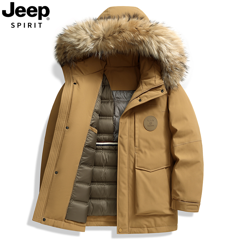 JEEP吉普派克服男士大毛领可拆卸连帽羽绒服冬季极寒加厚保暖外套