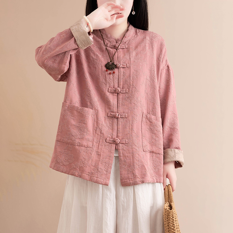 复古棉麻盘扣衬衫外套女春秋新中式国风提花改良唐装亚麻开衫上衣