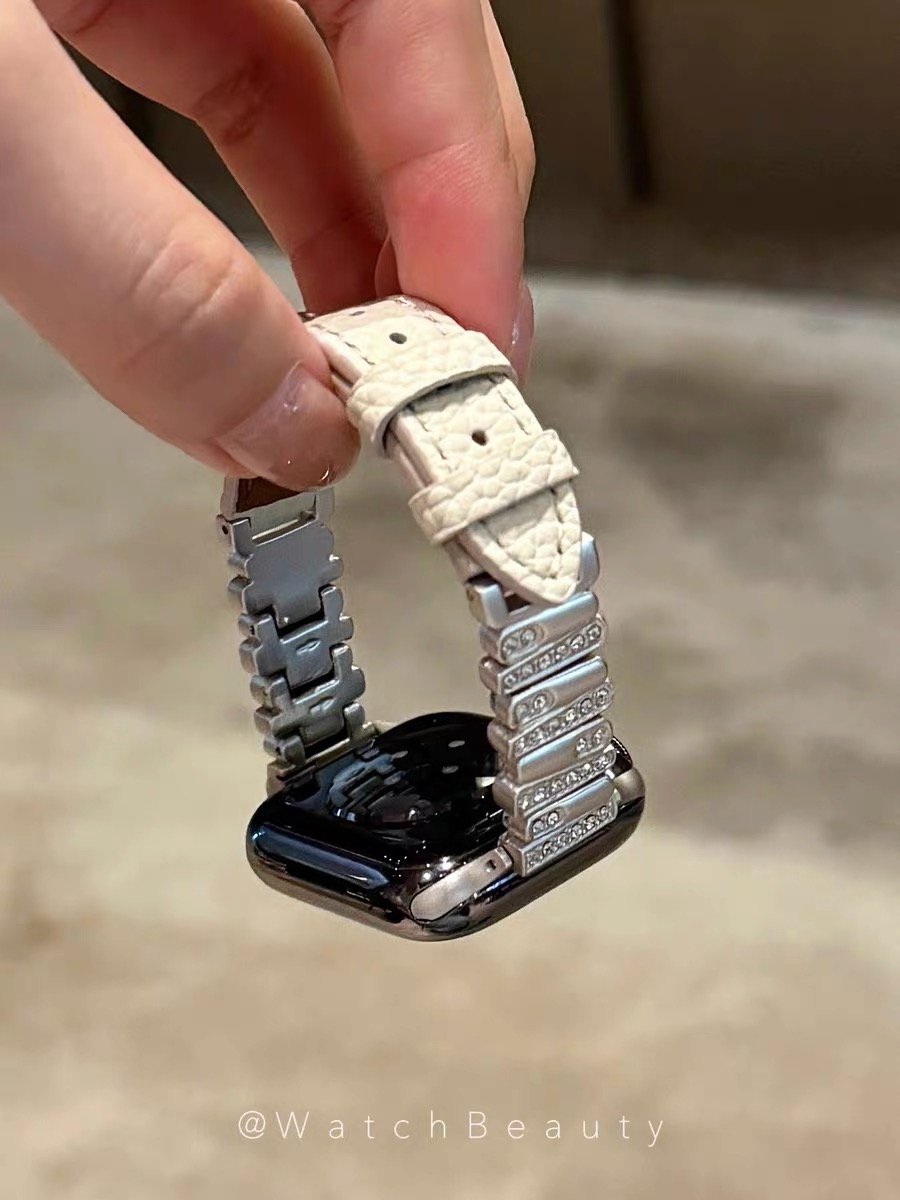 适用于Apple watch789iwatch10真皮不规则镶钻荔枝纹皮质苹果表带