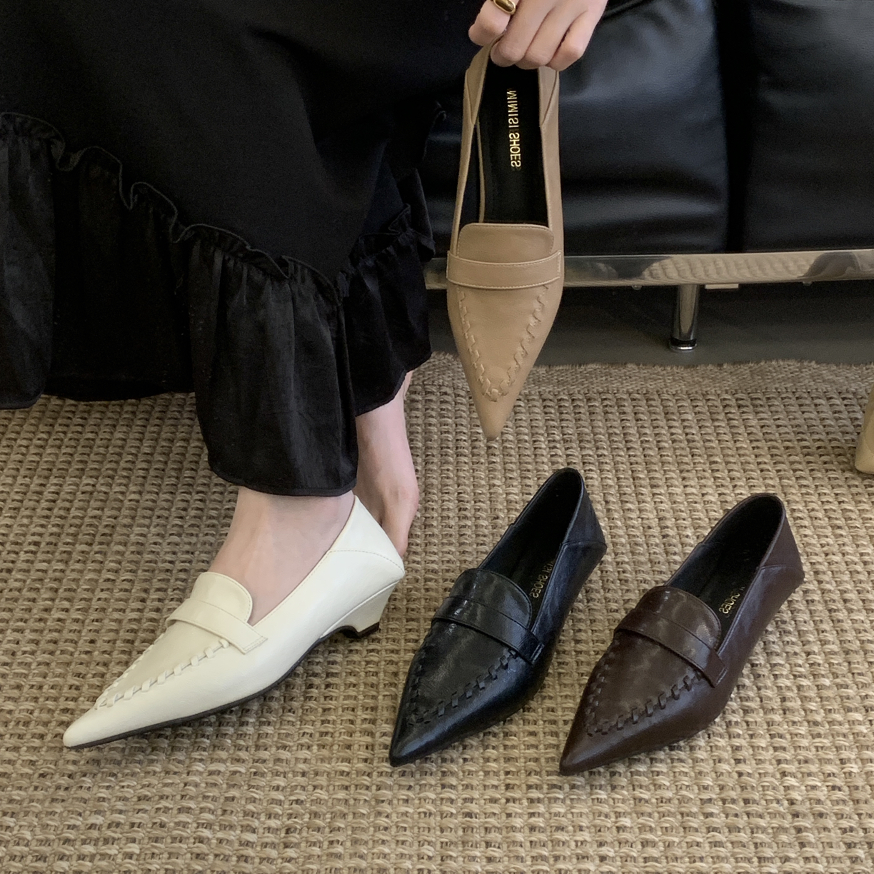 团团家 G5-72 韩系复古编织尖头乐福单鞋女百搭设计感气质低跟