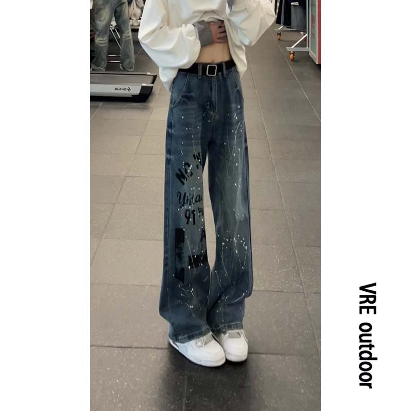 美式街头泼墨牛仔裤男款潮牌宽松阔腿弯刀裤子复古做旧慵懒拖地裤