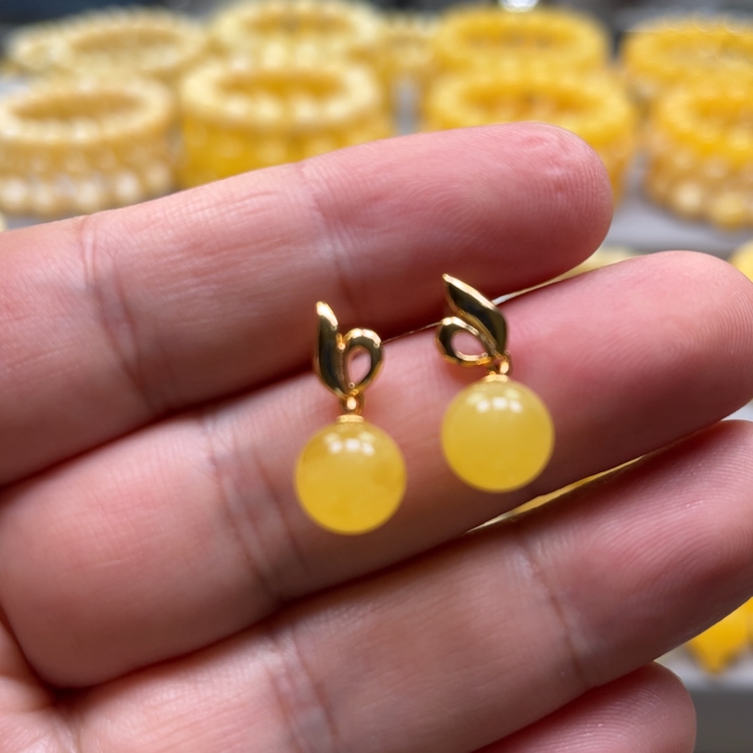 琥珀银S925镀金镶嵌耳饰耳钉
