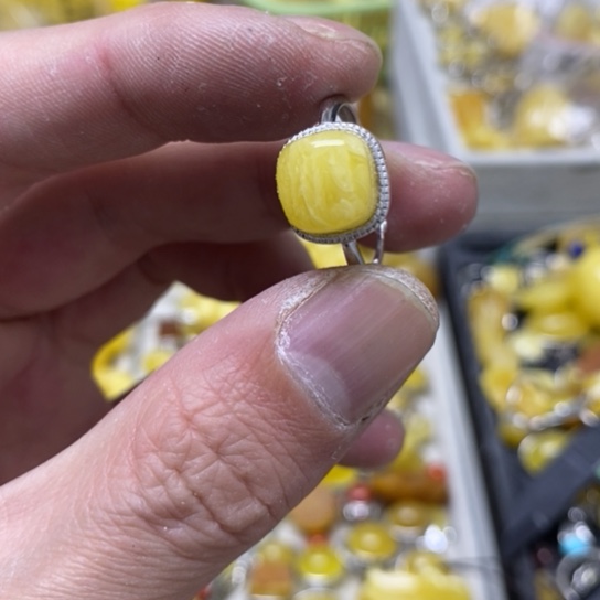 蜜蜡裸石银S925镶嵌戒指