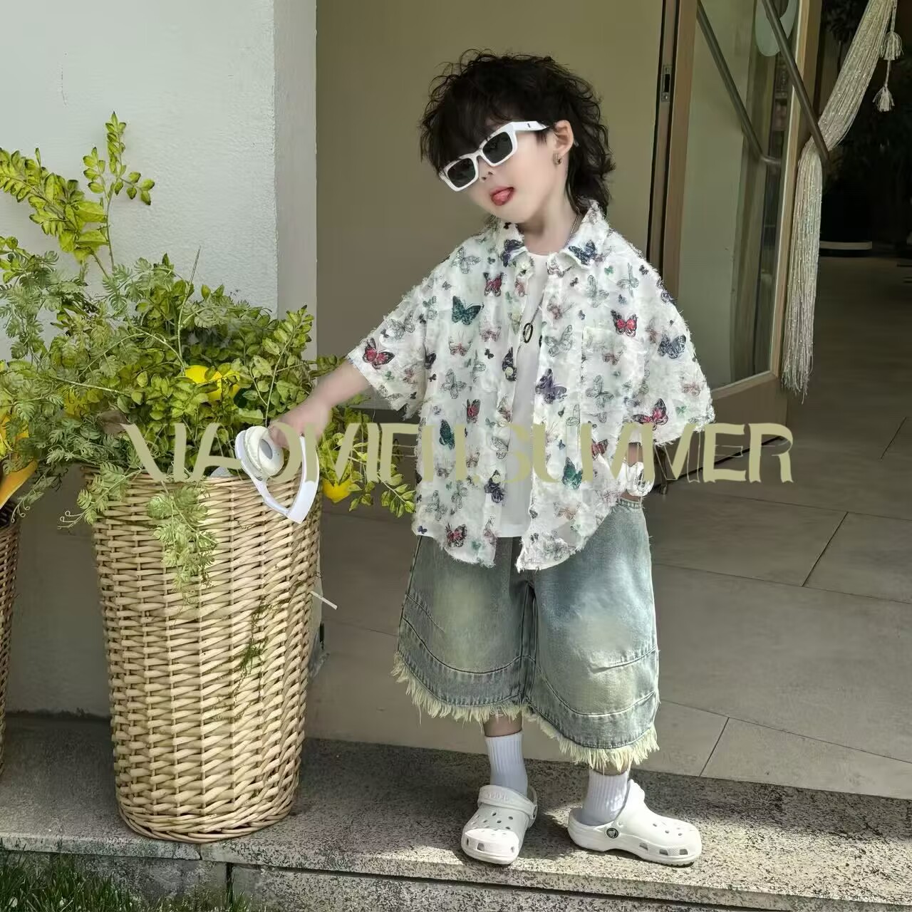 现货~韩版套装2025夏季新款衬衫短袖T恤短裤男儿童洋气潮酷x0020