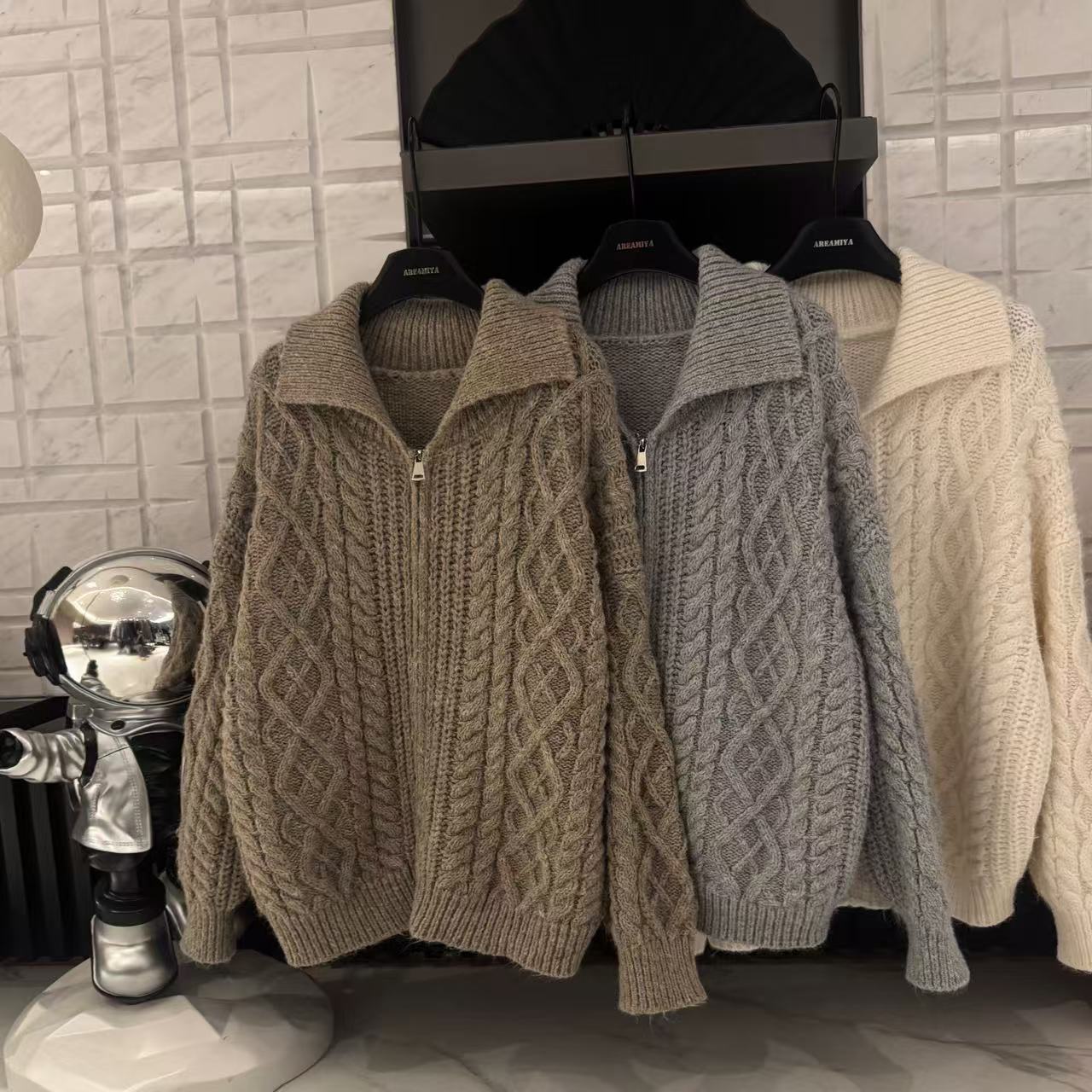 达人【韩系麻花】女款秋冬宽松版型POLO拉链毛针织衫开衫外套CP542