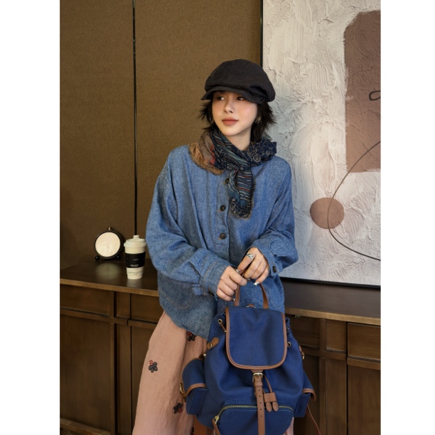 HY罗罗汉麻洗水日系薄款立领文艺牛仔衣衬衫时尚休闲百搭设计感