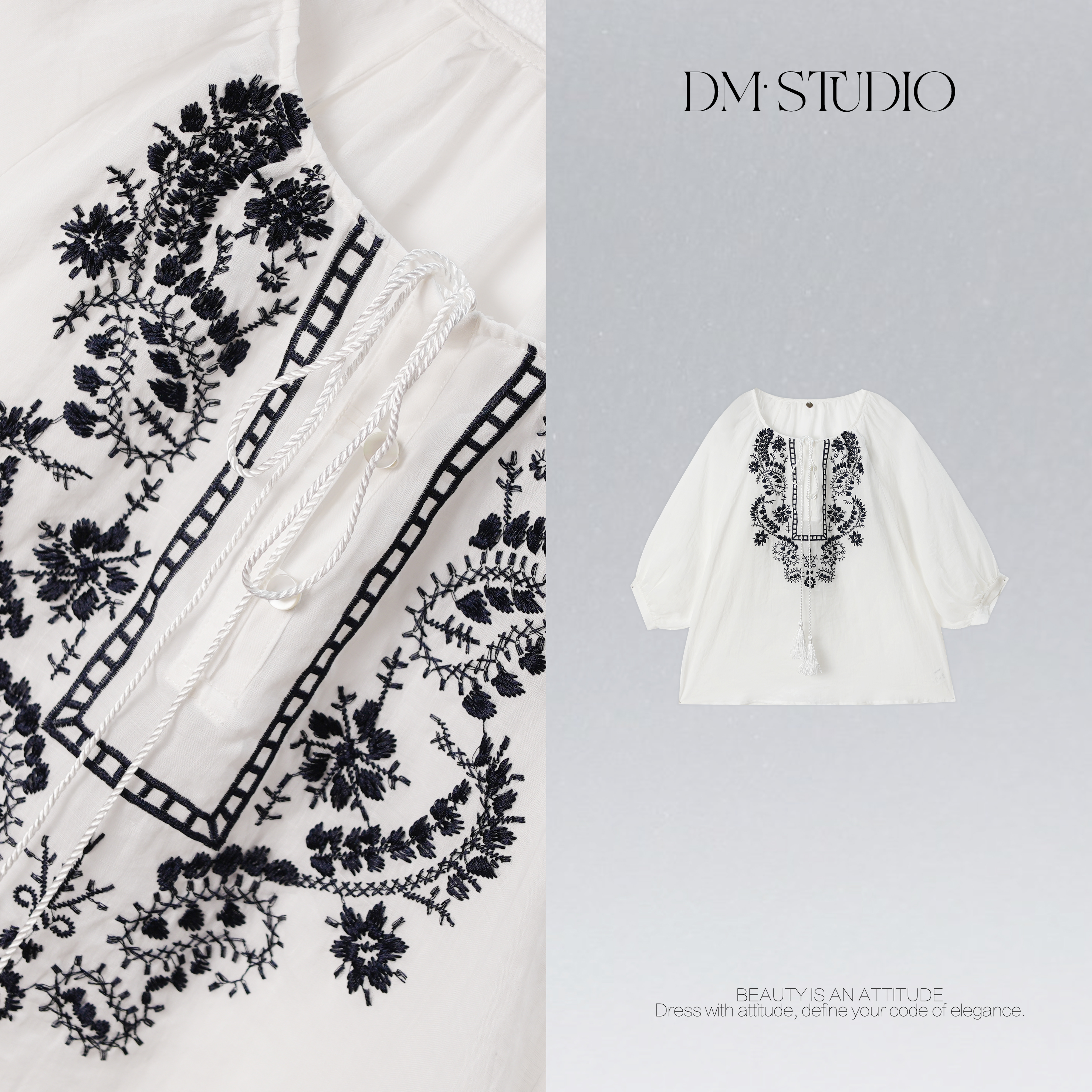 DEDM•STUDIO/100%苎麻刺绣系绳圆领长袖上衣2505CS/MM20251671