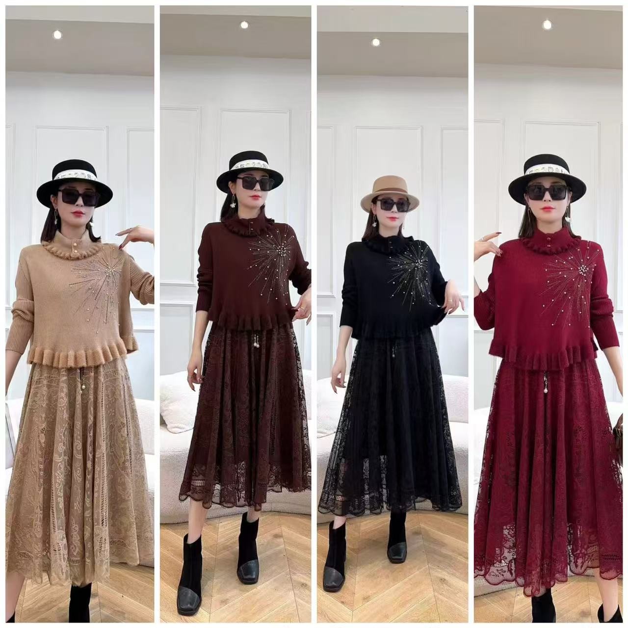 6001高领针织拼纱冬款两件套裙（马甲+连衣裙）