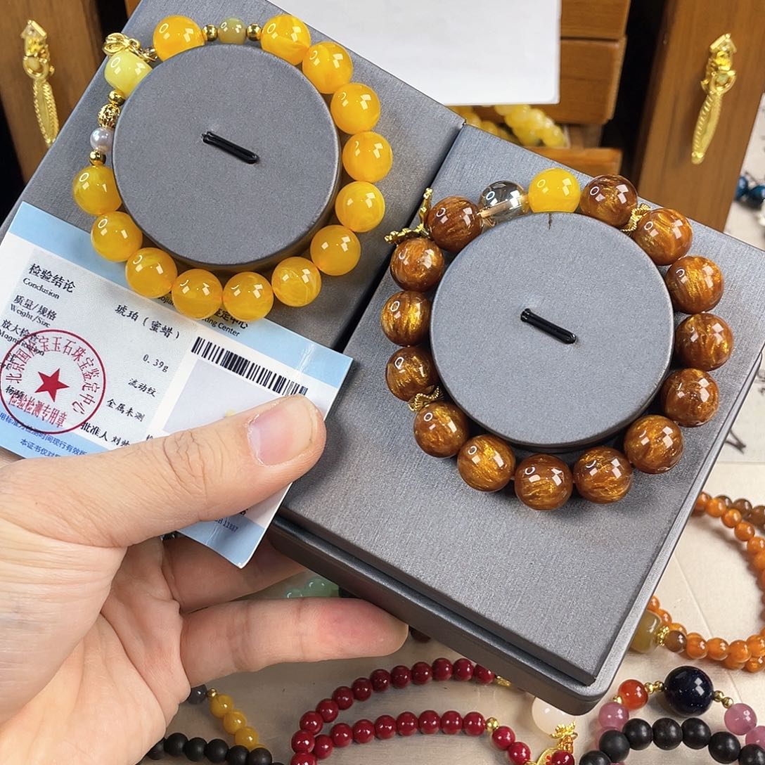 琥珀手饰银S925镀金镶嵌