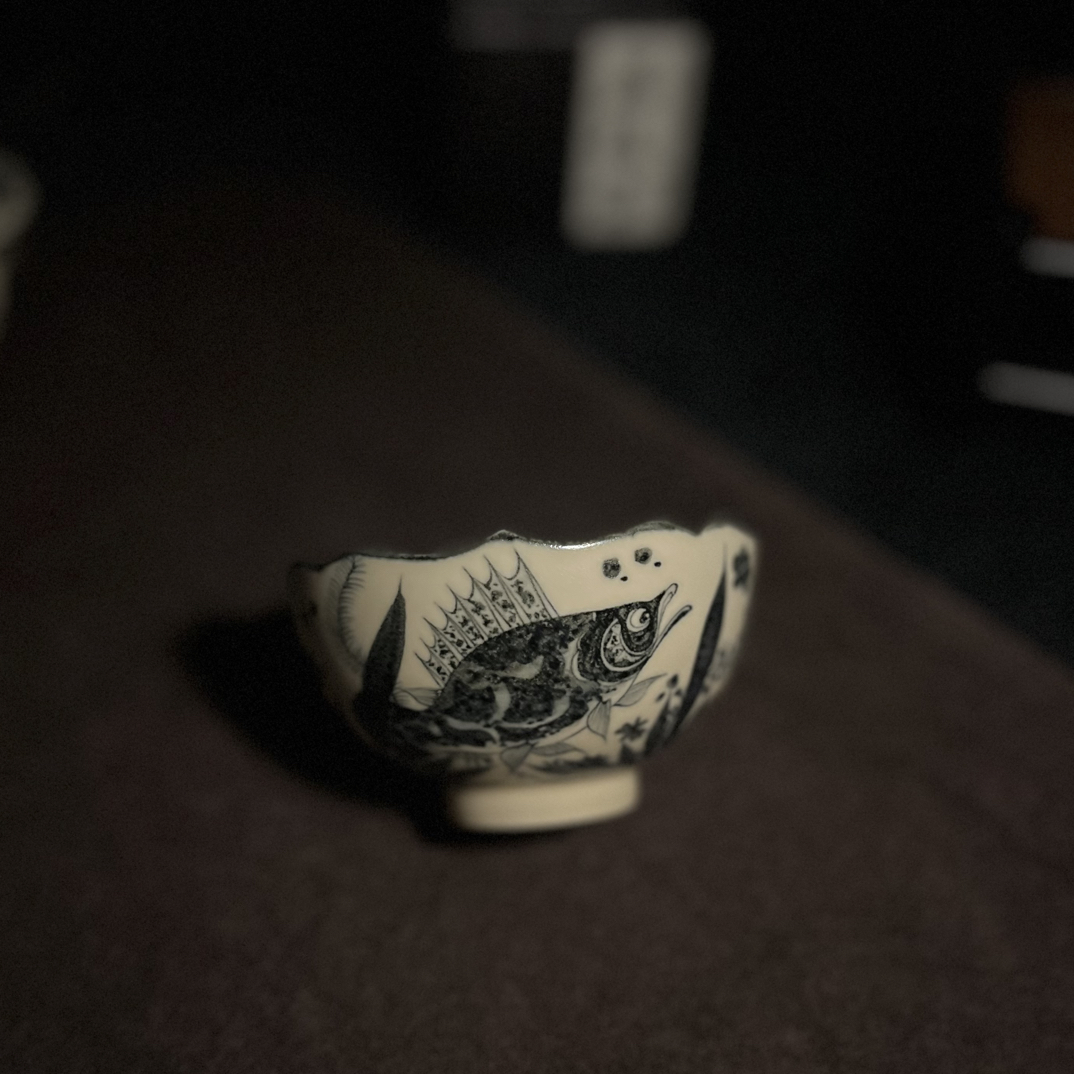 景德镇幽蓝溪堂仿元二号釉老料鱼藻纹主人杯缠枝葵口杯茶杯陶瓷