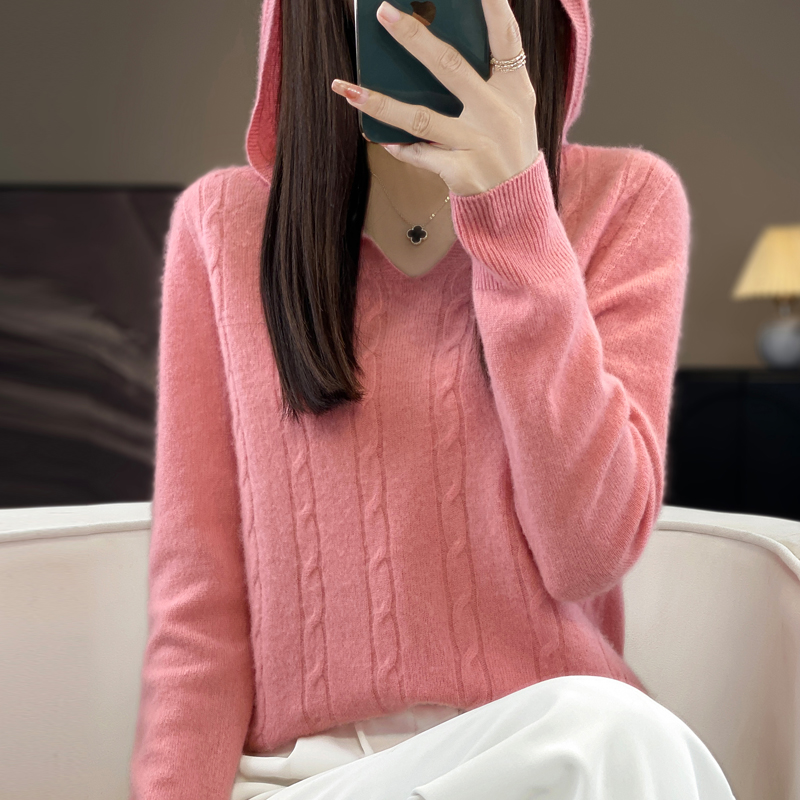  羊毛衫女士V领套头连帽帽衫羊毛卫衣百搭时尚针织打底衫新款