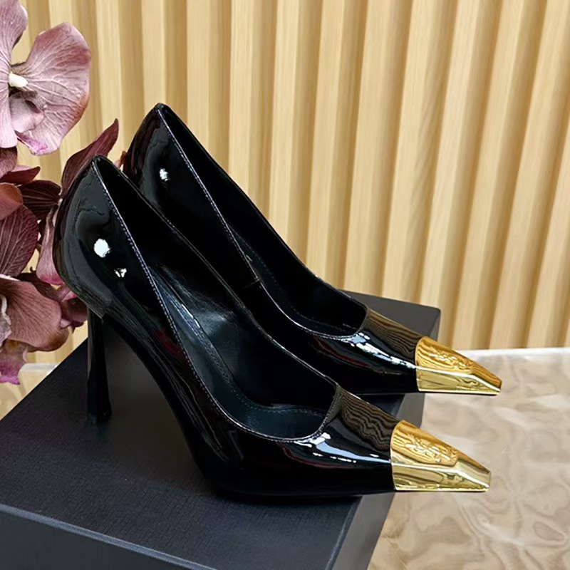 YS金属方头性感高跟鞋女鞋2025秋冬新款尖头凉鞋黑色气质御姐单鞋