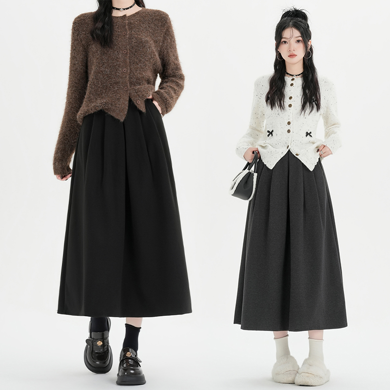 复古灰色毛呢百褶半身裙女秋冬季新款高腰显瘦遮胯中长款a字伞裙