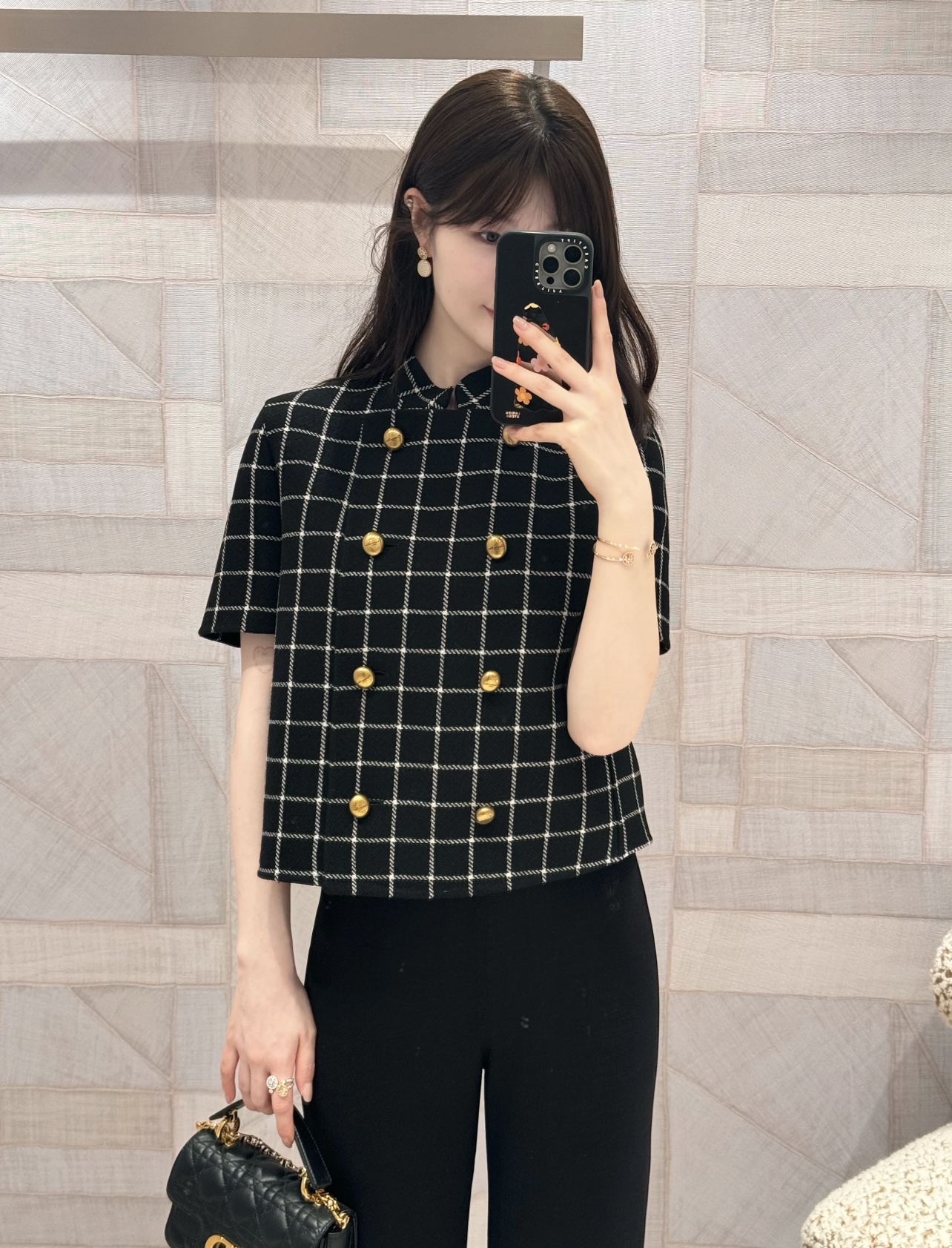 99新 DIOR/迪奥 cc436  绵羊毛 24ss双排扣格纹金扣短袖外套 34码