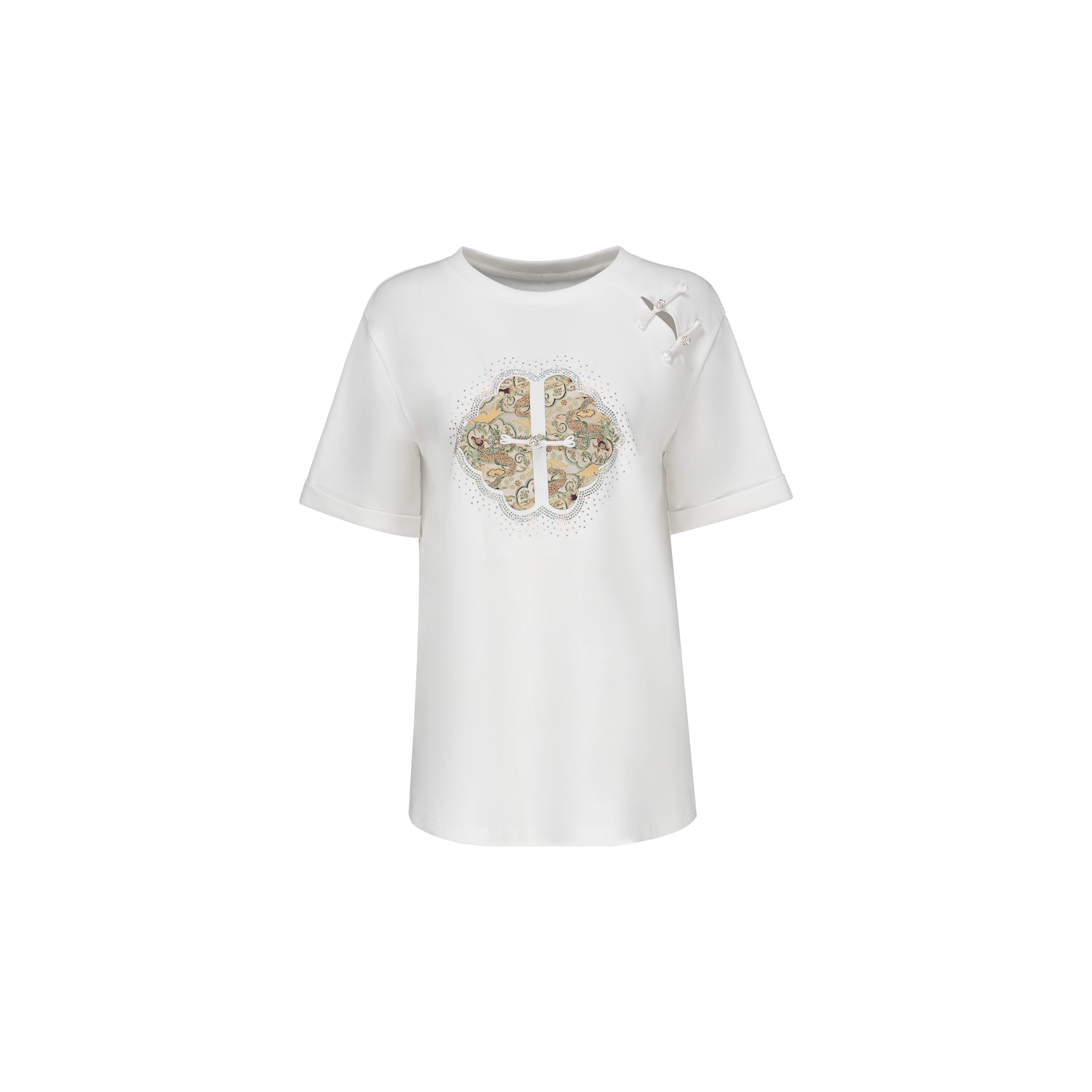 【韵味雅典国风T】双面精棉新中式盘扣刺绣烫钻花短袖T WT42AYQ003