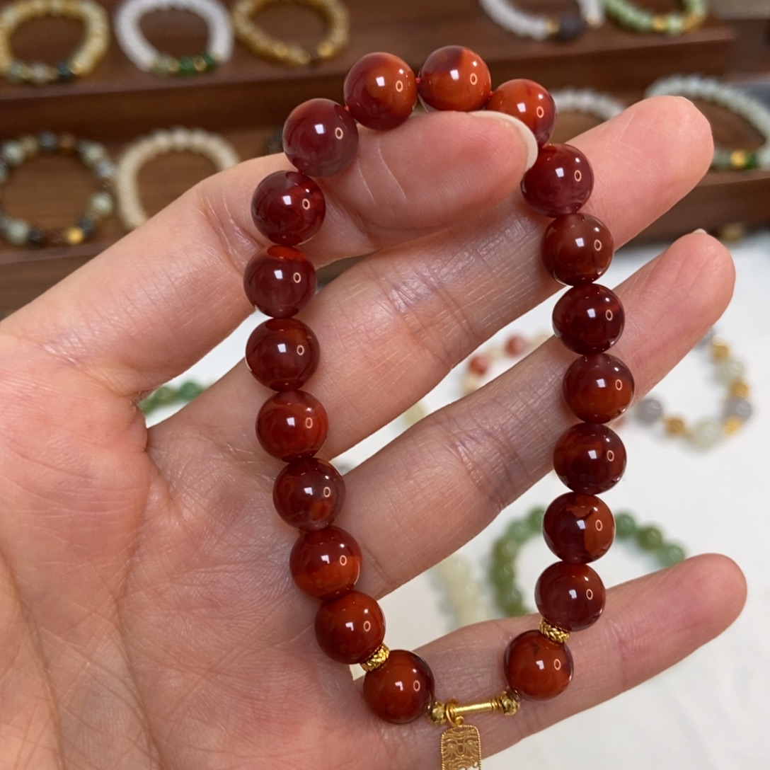 南红玛瑙18K金镶嵌手链9mm南红精品