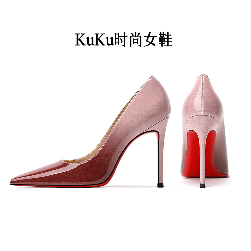 粉红羊漆皮渐变色尖头高跟鞋2025秋冬季性感红色细跟法式浅口女鞋