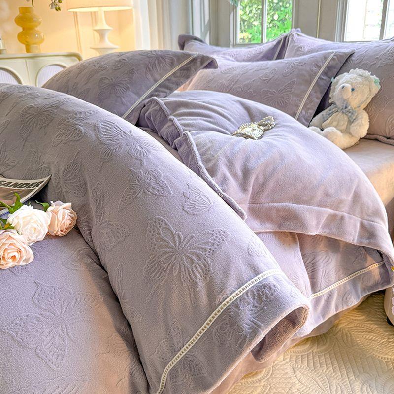 A类加厚6D浮雕牛奶绒四件套冬季保暖雕花绒床单被套宝宝绒三件套