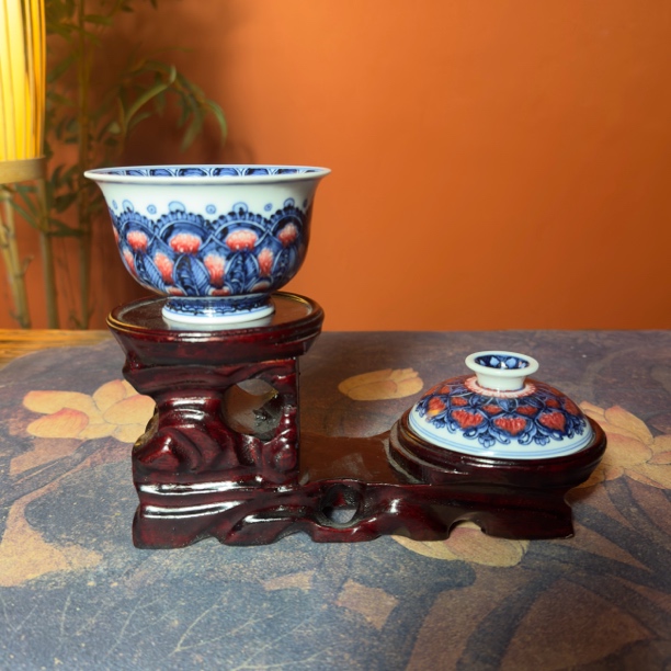 仿明青花釉里红曼陀罗珐琅彩盖碗陶瓷茶具茶杯釉下彩