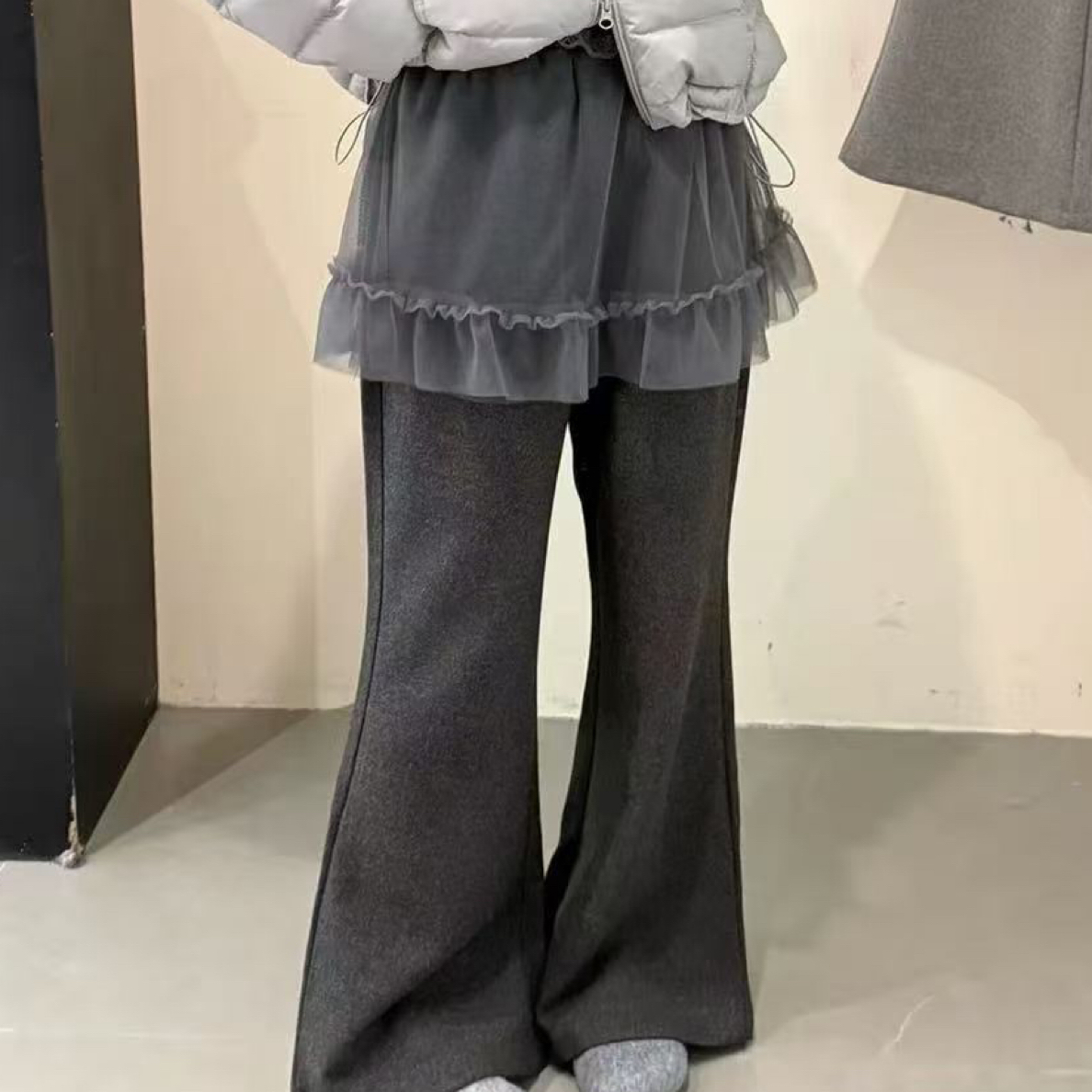 韩系加绒高腰网纱屁帘微喇宽松显瘦休闲女裤