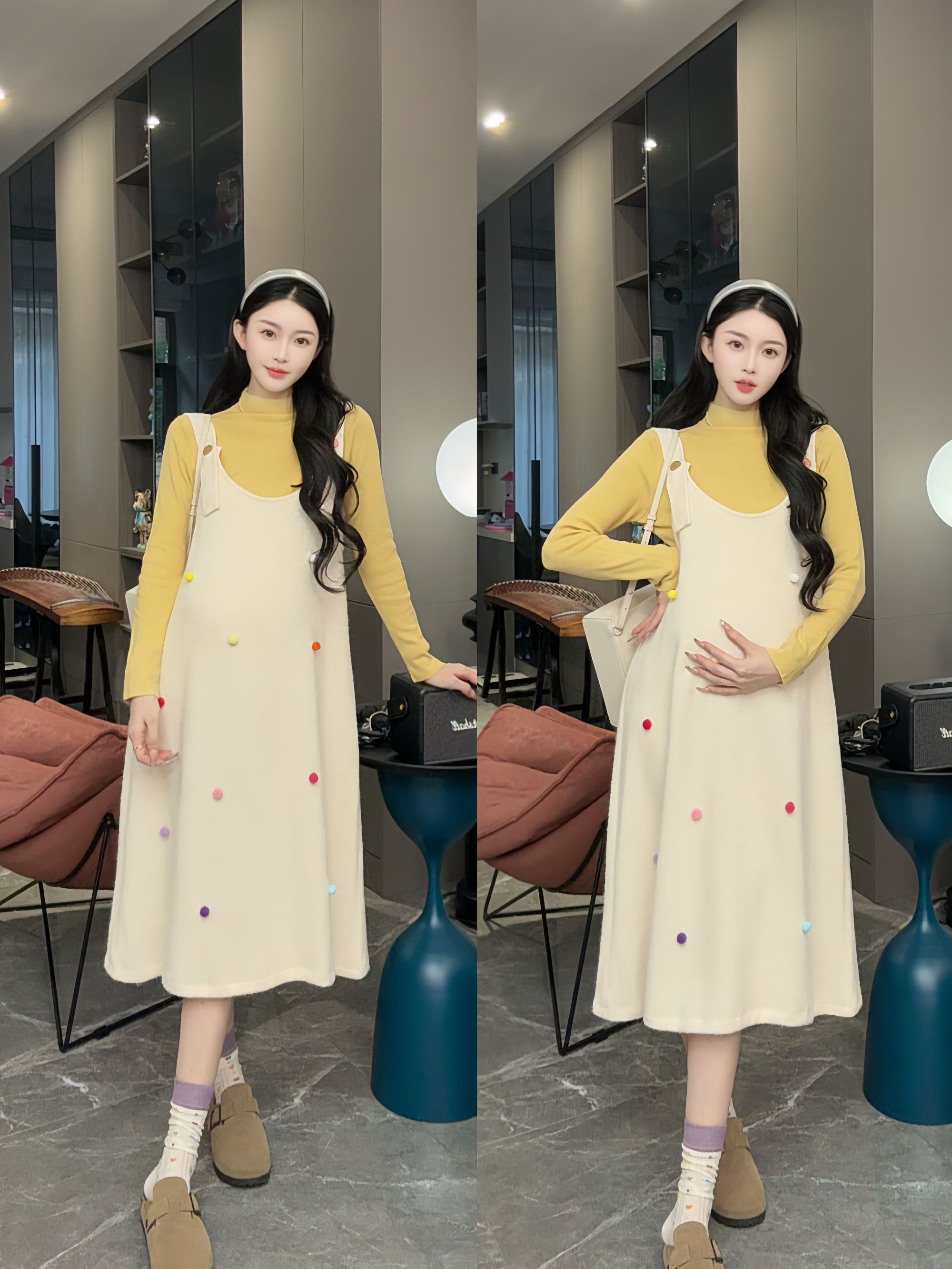 2025秋冬款减龄时尚可爱孕妇毛呢子两套装背心裙子+针织打底衫裙