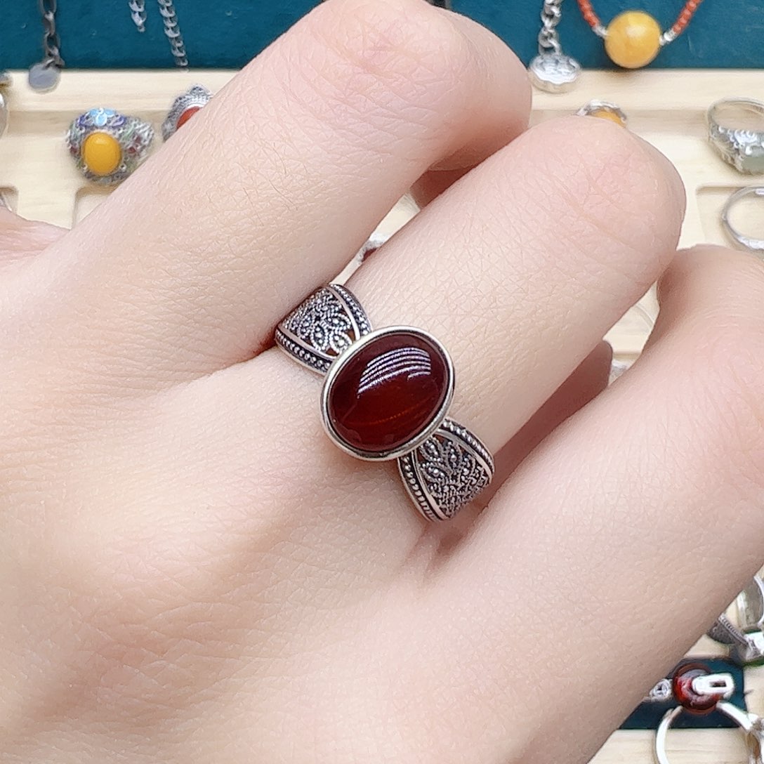 血珀戒指银S925镶嵌天然