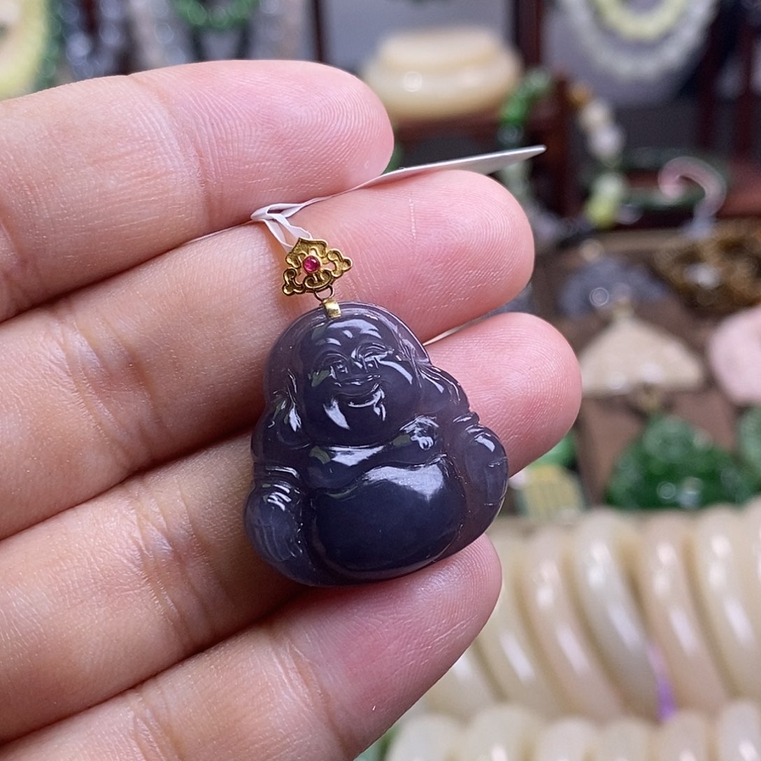 和田玉烟紫帝王紫高冰金镶佛公吊坠未镶嵌