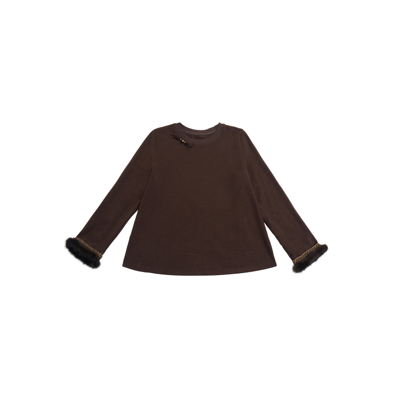 DY3328 秋季新款新中式时尚减龄百搭圆领水貂毛袖口打底衫