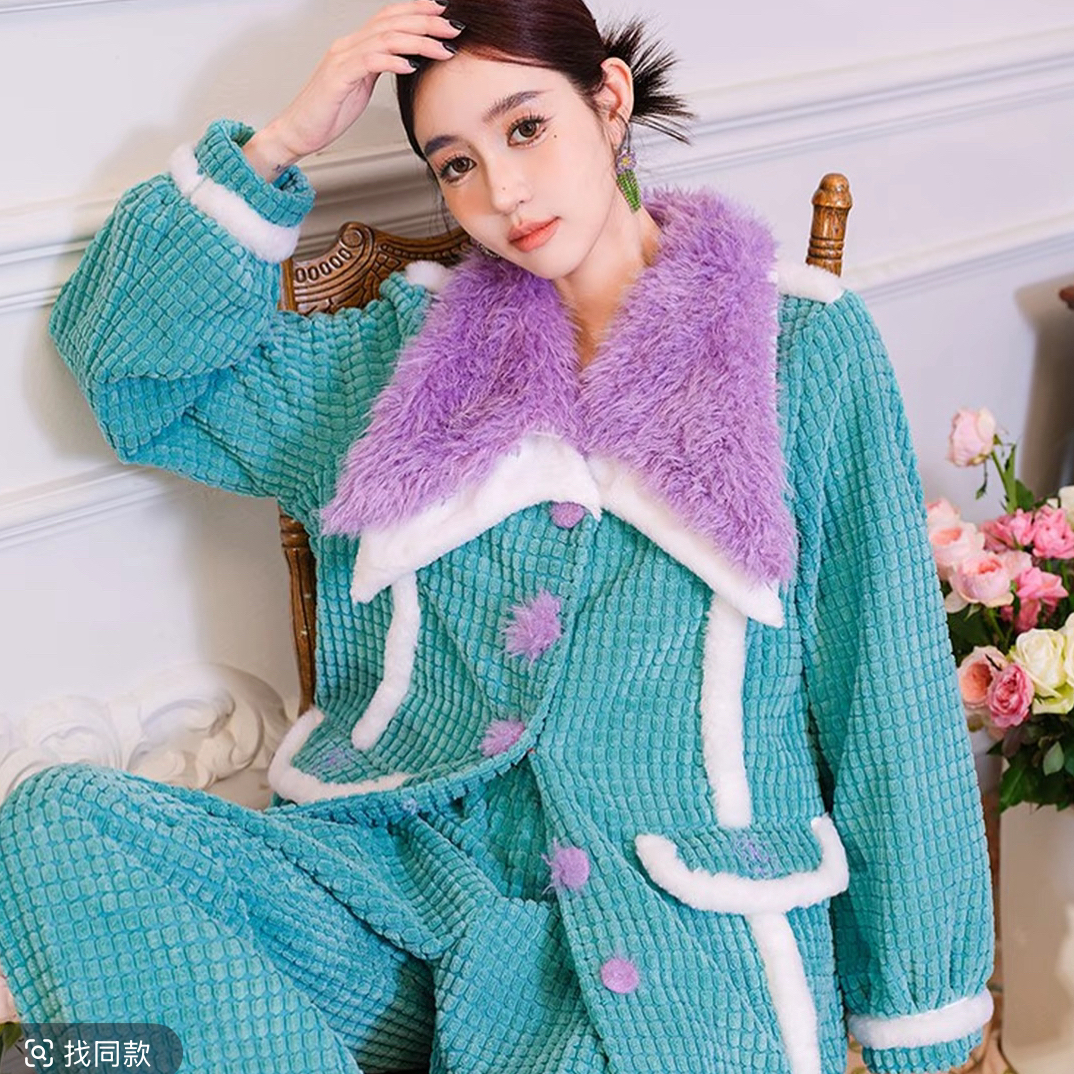 原创撞色加绒法兰绒睡衣秋季女款春秋仿狐狸毛可外穿家居服套装新